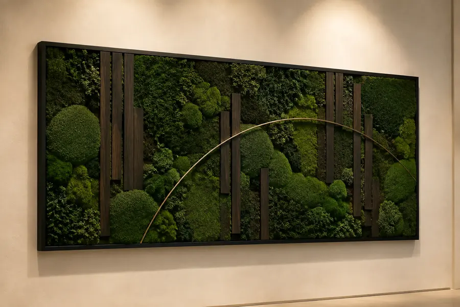 Preserved moss wall artwork with sculptural wood elements and a sweeping bronze arc